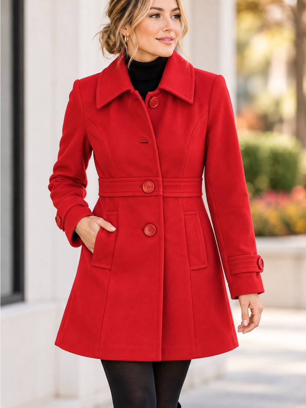 Anthropologie Tulle Wool Blend Belted Red Coat Medium Retro Mod